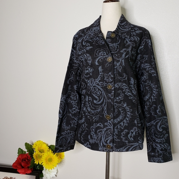 NEW Vintage Denim Paisley Jean Jacket Spring Coat Black Gray - Picture 3 of 13